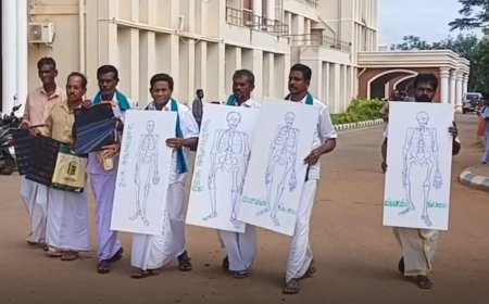 தஞ்சாவூர்: எலும்புக்கூடு வரைந்து விவசாயிகள் நூதன போராட்டம்