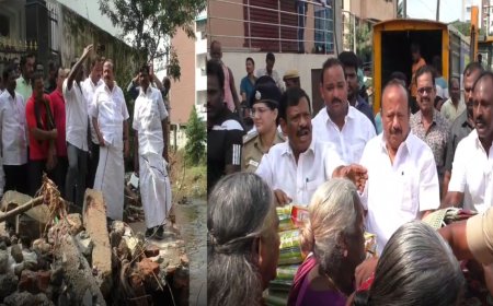 திருவேற்காட்டில்  வெள்ளம் சூழ்ந்த பகுதிகளில்.அமைச்சர் எம்.ஆர்.கே. ஆய்வு