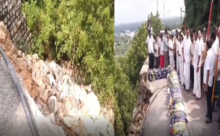 திருத்தணி முருகன் கோவில்  மலைபாதை  சேதத்தை ஆய்வு செய்த அமைச்சர் காந்தி