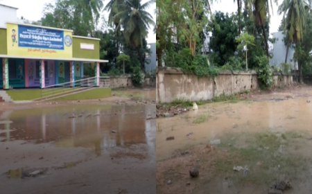 தஞ்சை: மழைநீர் தேங்கியதால் சேறு சகதியான அரசு பள்ளி வளாகம்