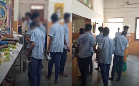 படிக்கும் மாணவர்களை எச்சில் இலையை  எடுக்க வைக்கலாமா?.. அறநிலையத்துறையின் செயலால் சர்ச்சை..