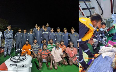 நடுக்கடலில் சிக்கி தவித்த மீனவர்கள்.. உதவிக்கரம் கொடுத்த கடலோர காவல் படையினர்..