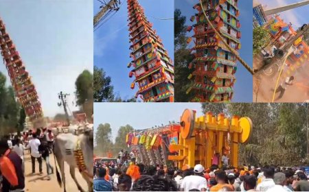 120 அடி பிரம்மாண்ட தேர்.. தலைகீழாக கவிந்து விபத்து.. சிதறி ஓடிய பக்தர்கள்.. கர்நாடகாவில் பரபரப்பு !