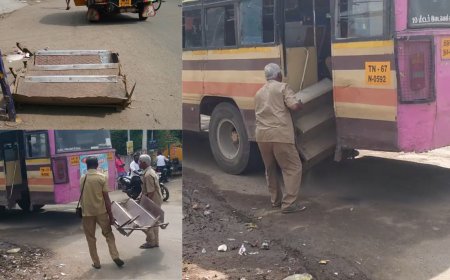 அரசு பேருந்தின் அவல நிலை.. நடுரோட்டில் படிக்கட்டு கழன்று விழுந்ததால் மக்கள் அச்சம்...