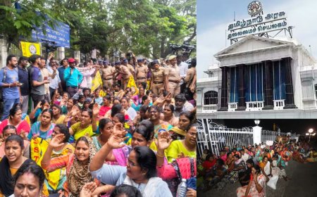 ஆசிரியர்கள், தூய்மை பணியாளர்கள் போராட்டம் : தலைமை செயலகத்தில் அமைச்சர்கள் அவரச ஆலோசனை 