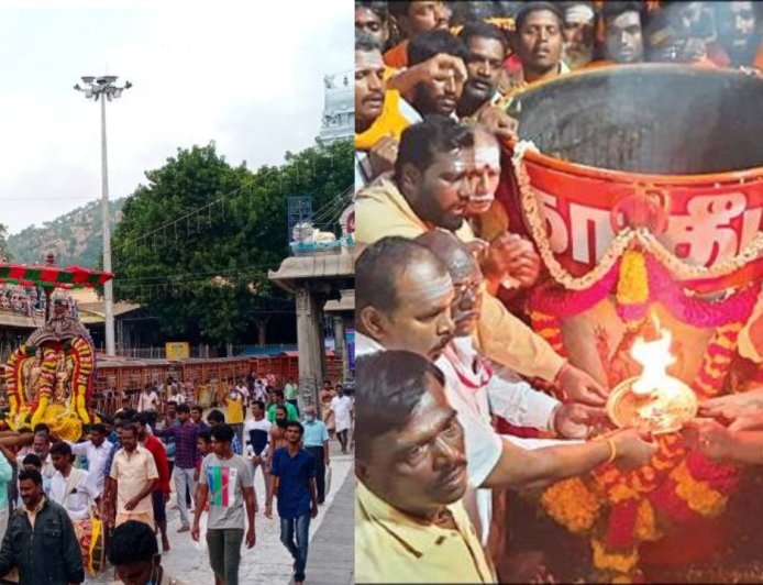 திருவண்ணாமலை கார்த்திகை தீபத்திருவிழா : மலை உச்சியில் மகாதீப கொப்பரை- லட்சகணக்கான பக்தர்கள் குவிந்தனர் 