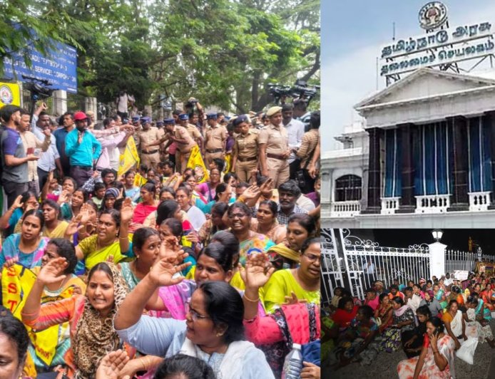 ஆசிரியர்கள், தூய்மை பணியாளர்கள் போராட்டம் : தலைமை செயலகத்தில் அமைச்சர்கள் அவரச ஆலோசனை 