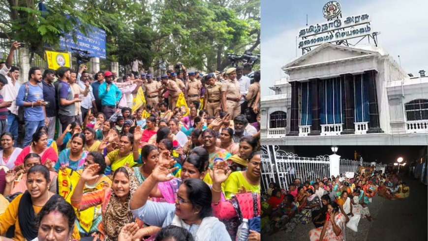 ஆசிரியர்கள், தூய்மை பணியாளர்கள் போராட்டம் : தலைமை செயலகத்தில் அமைச்சர்கள் அவரச ஆலோசனை 