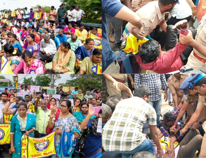 புத்தாண்டில் போராடிய இடை நிலை ஆசிரியர்கள் : வலுக்கட்டாயமாக கைது செய்த போலீஸ்