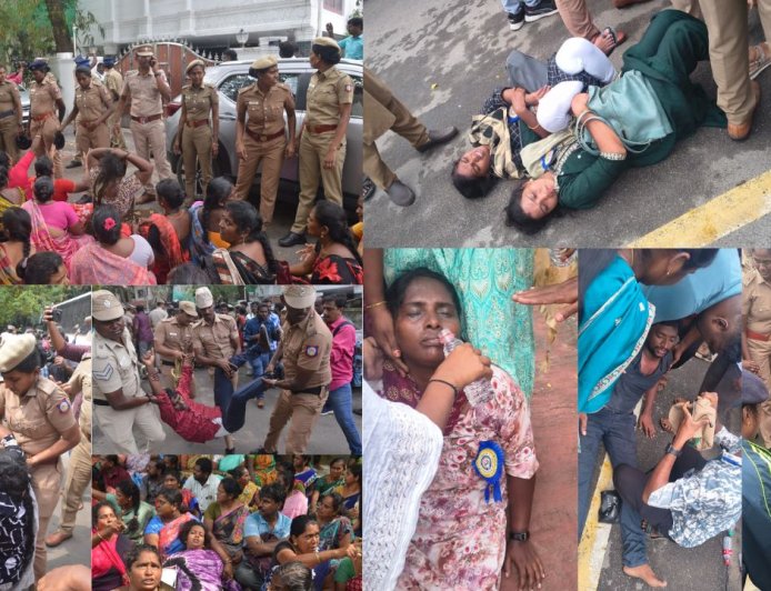 என்னம்மா இப்படி பண்றீங்களம்மா ! ஆசிரியர்கள், தூய்மை பணியாளர்கள் போராட்டத்தால் போலீஸ் தவிப்பு 