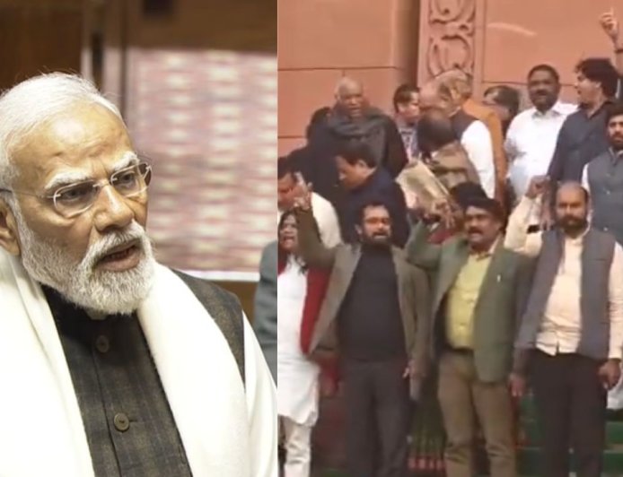 எதிர்கட்சிகள் வெளிநடப்பு, நாடாளுமன்றத்தில் அமளிக்கு இடையே பிரதமர் மோடி பேச்சு