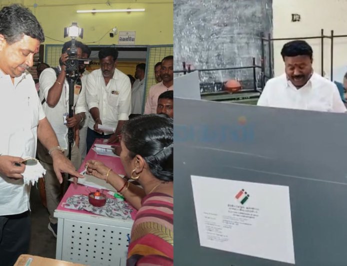 மல்லிகை பூ கையில் சுற்றி கொண்டு வாக்களித்த அமைச்சர் பழனிவேல் தியாகராஜன் 