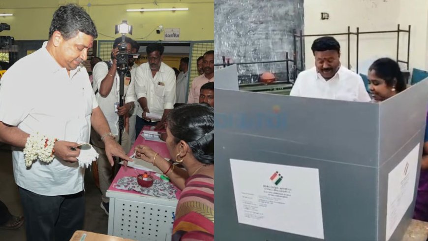 மல்லிகை பூ கையில் சுற்றி கொண்டு வாக்களித்த அமைச்சர் பழனிவேல் தியாகராஜன் 