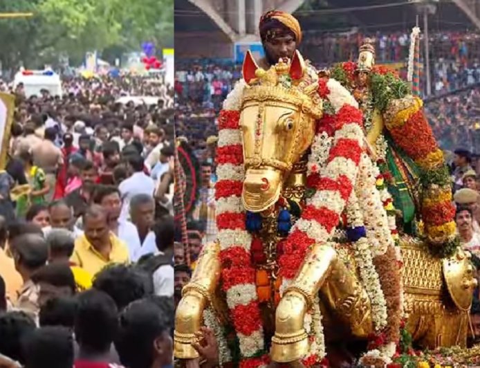 மதுரை சித்திரை திருவிழா: லட்சக்கணக்கான பக்தர்கள் புடைசூழு  கள்ளழகர் வைகை ஆற்றில் இறங்கினார்