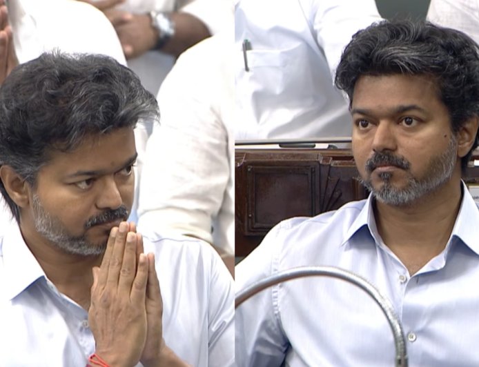 பட்ஜெட்டுக்கு புது லுக்கில் வந்த விஜய்.. சில்வர் புளூ சட்டையின் ரகசியம் என்ன?