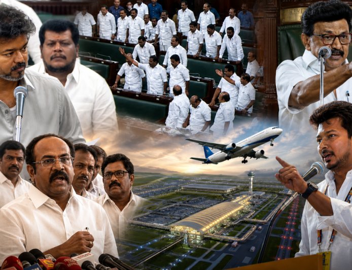 விஜய்யின் பரந்தூர்  ரத்து அறிக்கை... கண்டன குரல்களை எழுப்பி வரும் திமுக!